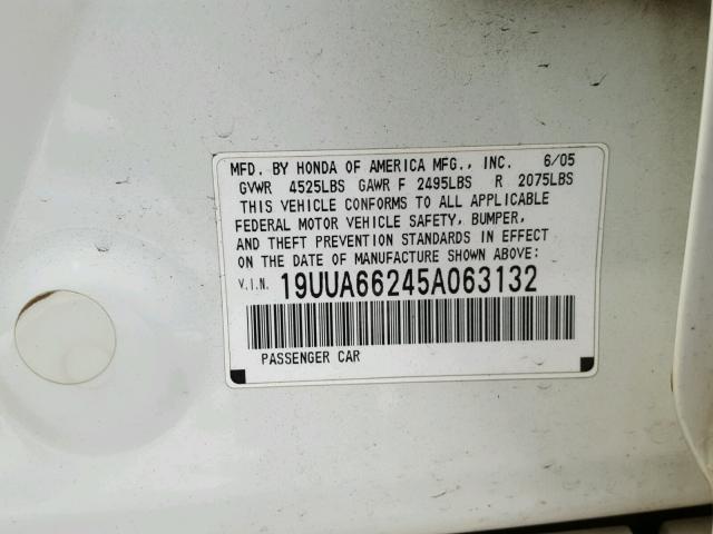 19UUA66245A063132 - 2005 ACURA TL WHITE photo 10