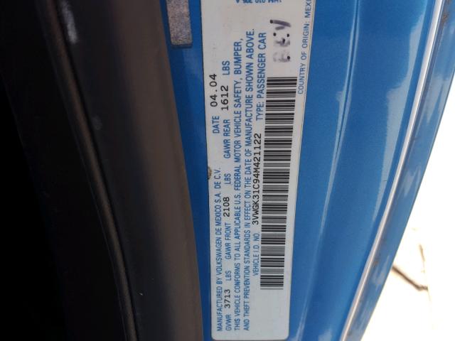 3VWGK31C94M421122 - 2004 VOLKSWAGEN NEW BEETLE 蓝色 照片 10