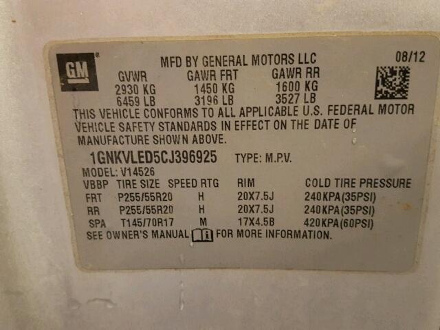 1GNKVLED5CJ396925 - 2012 CHEVROLET TRAVERSE L SILVER photo 10