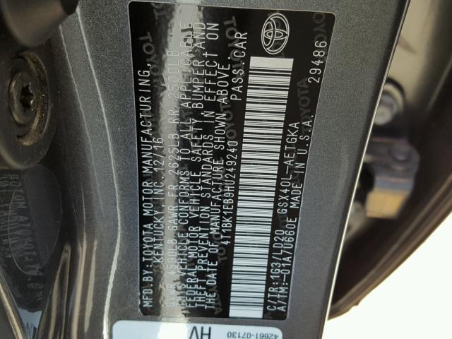 4T1BK1EB9HU249240 - 2017 TOYOTA AVALON XLE GRAY photo 10