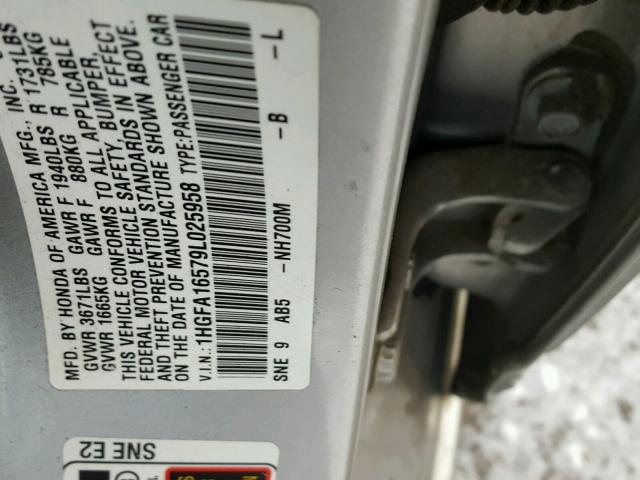 1HGFA16579L025958 - 2009 HONDA CIVIC LX SILVER photo 10