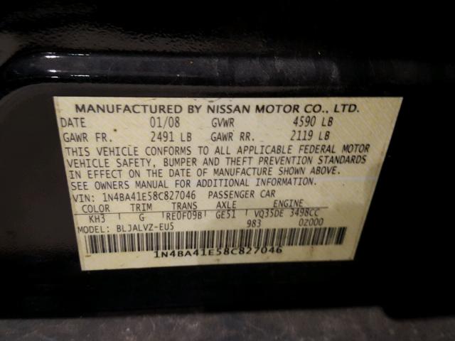 1N4BA41E58C827046 - 2008 NISSAN MAXIMA SE BLACK photo 10