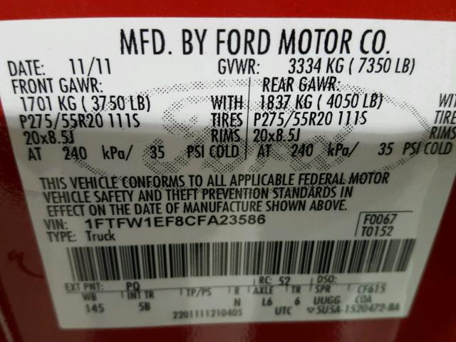 1FTFW1EF8CFA23586 - 2012 FORD F150 SUPER RED photo 10