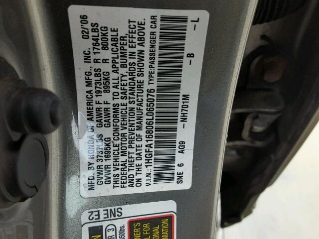 1HGFA16806L065076 - 2006 HONDA CIVIC EX GRAY photo 10