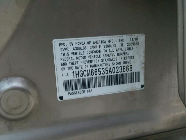 1HGCM66535A023668 - 2005 HONDA ACCORD EX GOLD photo 10