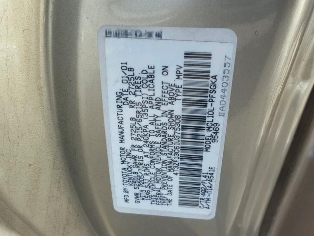 4T3ZF13C61U375308 - 2001 TOYOTA SIENNA LE BEIGE photo 10