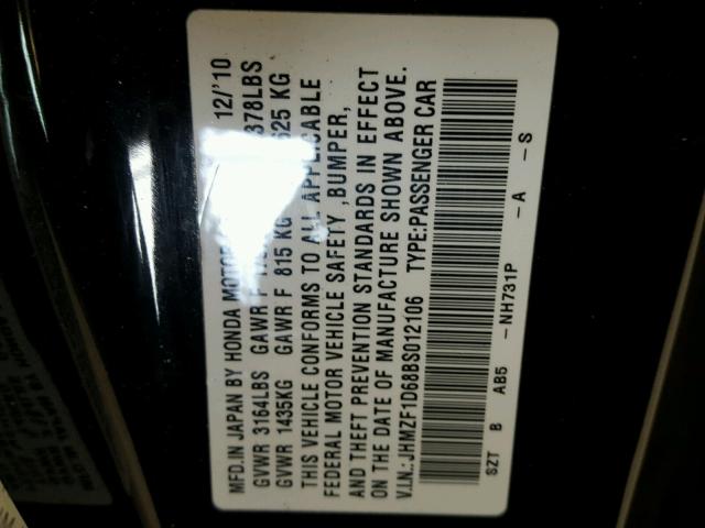 JHMZF1D68BS012106 - 2011 HONDA CR-Z EX BLACK photo 10