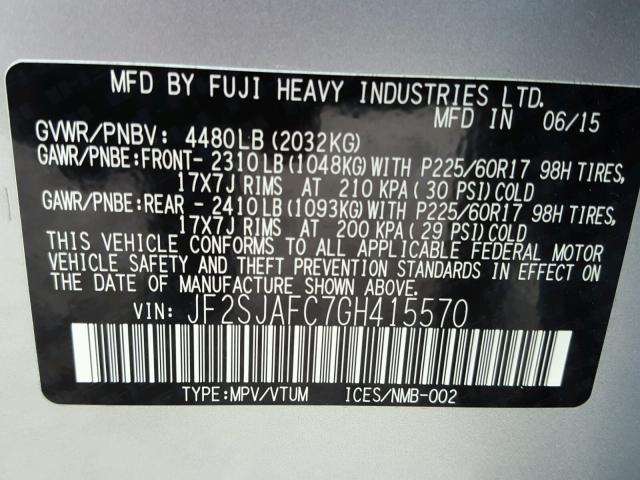 JF2SJAFC7GH415570 - 2016 SUBARU FORESTER 2 SILVER photo 10