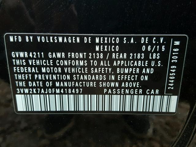 3VW2K7AJ0FM418497 - 2015 VOLKSWAGEN JETTA BASE BLACK photo 10