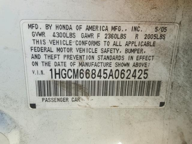 1HGCM66845A062425 - 2005 HONDA ACCORD EX 白色 照片 10