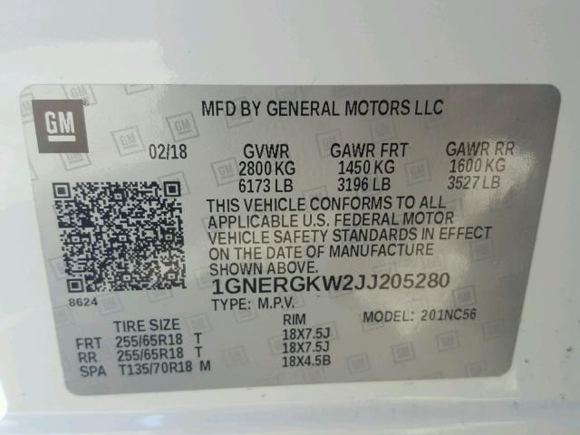 1GNERGKW2JJ205280 - 2018 CHEVROLET TRAVERSE L WHITE photo 10