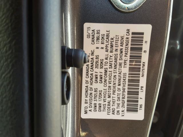 2HGFB2F94FH534355 - 2015 HONDA CIVIC EXL 石墨色 照片 10