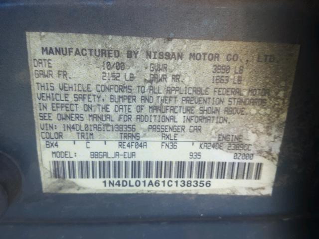 1N4DL01A61C138356 - 2001 NISSAN ALTIMA GXE GREEN photo 10