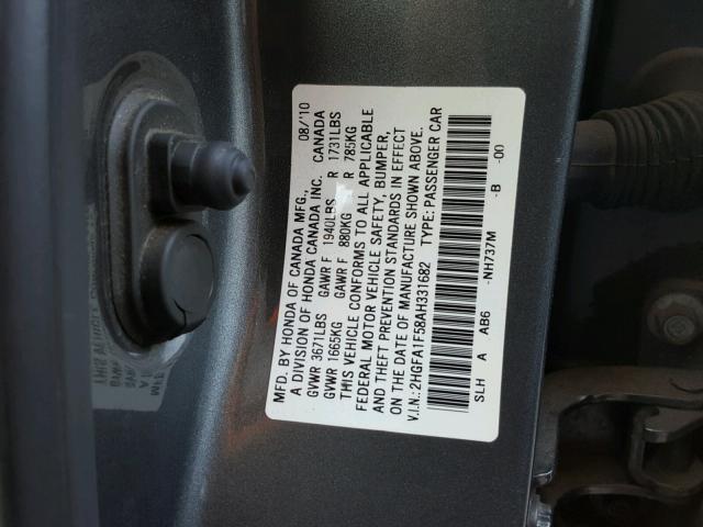 2HGFA1F58AH331682 - 2010 HONDA CIVIC LX GRAY photo 10