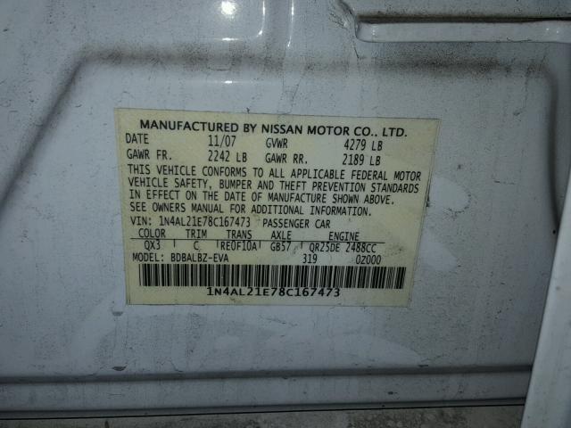 1N4AL21E78C167473 - 2008 NISSAN ALTIMA 2.5 WHITE photo 10