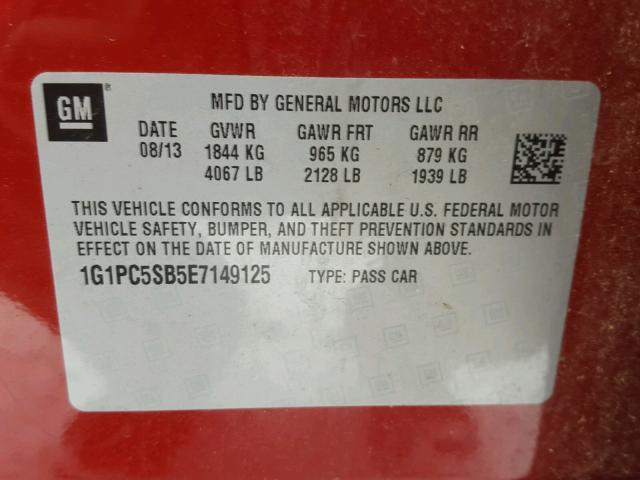 1G1PC5SB5E7149125 - 2014 CHEVROLET CRUZE LT RED photo 10