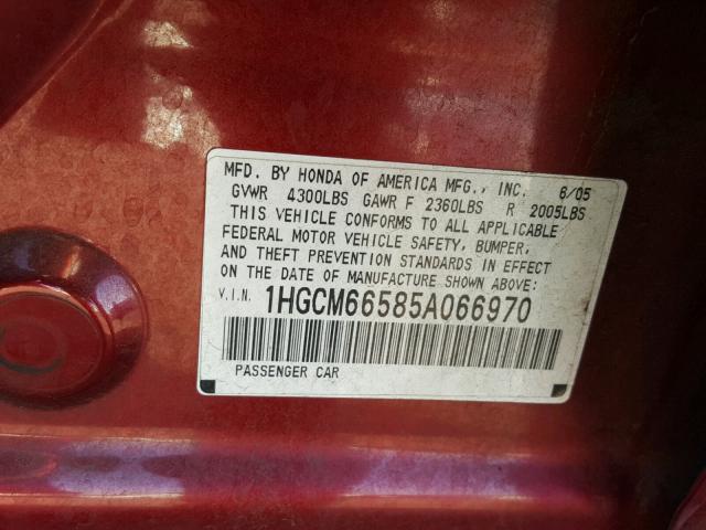 1HGCM66585A066970 - 2005 HONDA ACCORD EX BURGUNDY photo 10