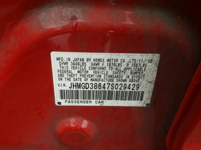 JHMGD38647S029429 - 2007 HONDA FIT S RED photo 10