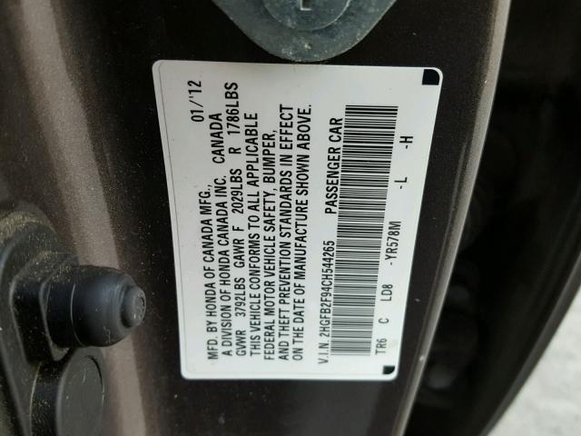 2HGFB2F94CH544265 - 2012 HONDA CIVIC EXL GRAY photo 10