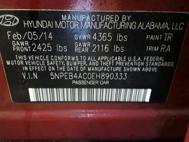 5NPEB4AC0EH890333 - 2014 HYUNDAI SONATA GLS RED photo 10