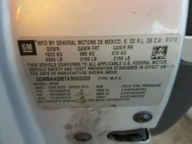 3GNBAADB7AS583028 - 2010 CHEVROLET HHR LS SILVER photo 10