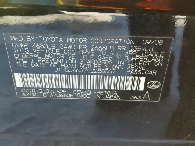 JTHBJ46G792288567 - 2009 LEXUS ES 350 BLACK photo 10