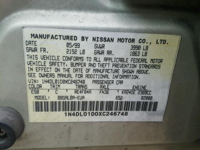 1N4DL01D0XC246748 - 1999 NISSAN ALTIMA XE TAN photo 10