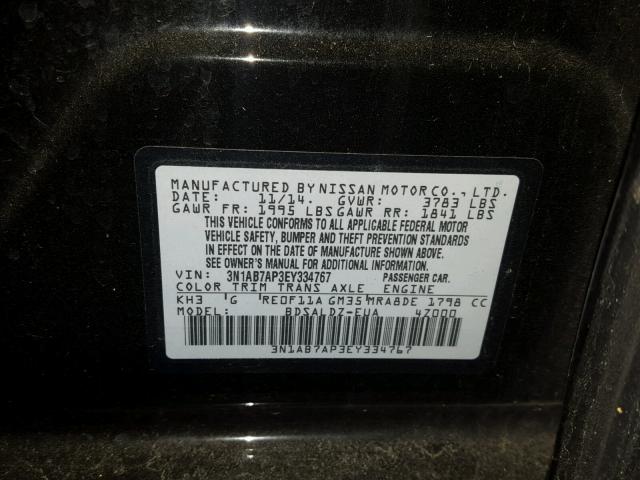 3N1AB7AP3EY334767 - 2014 NISSAN SENTRA S BLACK photo 10