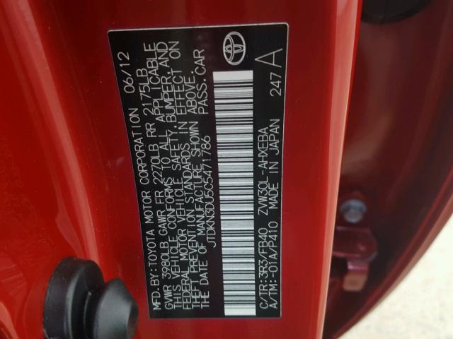 JTDKN3DU5C5471786 - 2012 TOYOTA PRIUS RED photo 10