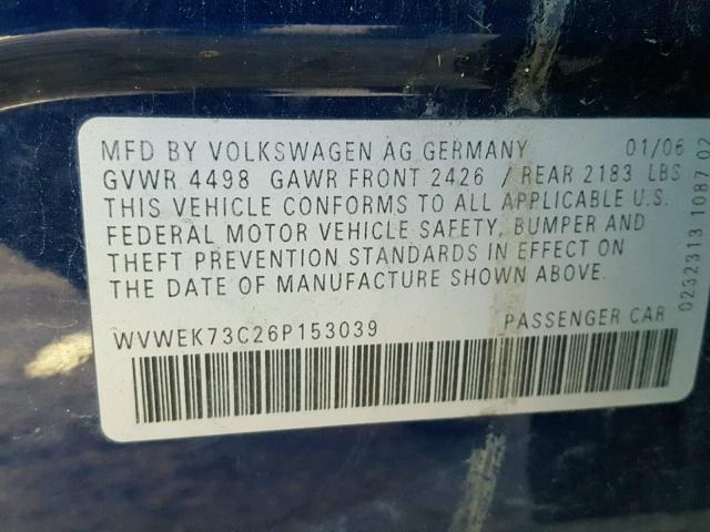 WVWEK73C26P153039 - 2006 VOLKSWAGEN PASSAT 2.0 BLUE photo 10