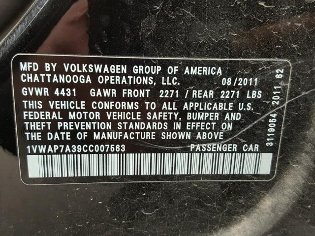 1VWAP7A39CC007563 - 2012 VOLKSWAGEN PASSAT S BLACK photo 10