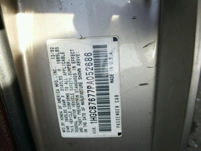 1HGCB7677PA052686 - 1993 HONDA ACCORD EX TAN photo 10