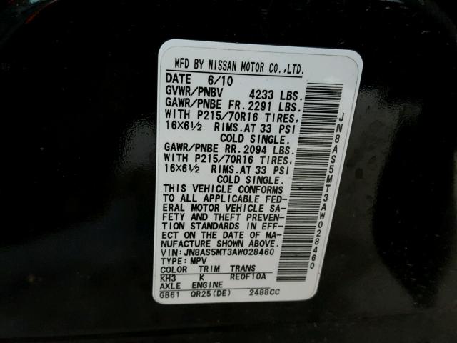 JN8AS5MT3AW028460 - 2010 NISSAN ROGUE S BLACK photo 10