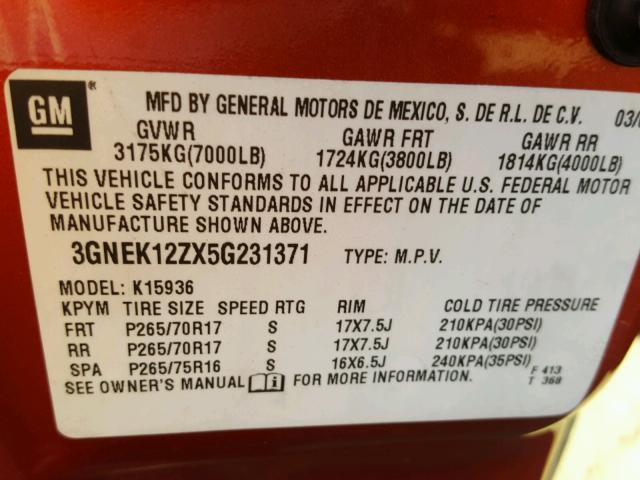 3GNEK12ZX5G231371 - 2005 CHEVROLET AVALANCHE ORANGE photo 10