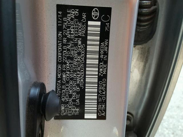 JTDKN3DU7F0430075 - 2015 TOYOTA PRIUS SILVER photo 10