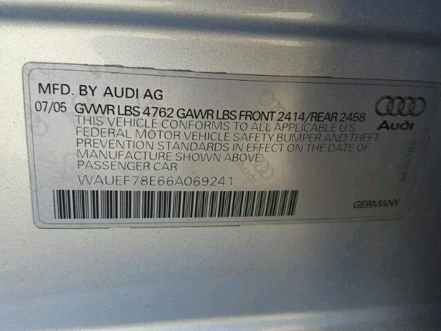 WAUEF78E66A069241 - 2006 AUDI A4 S-LINE SILVER photo 10