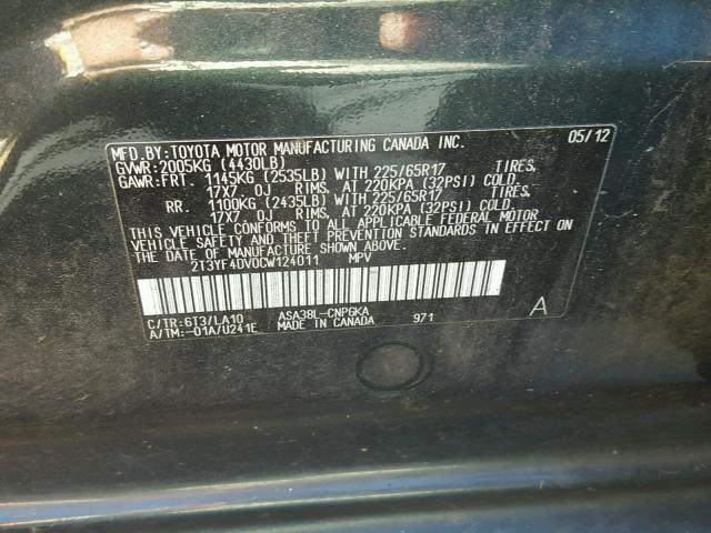 2T3YF4DV0CW124011 - 2012 TOYOTA RAV4 LIMIT GRAY photo 10