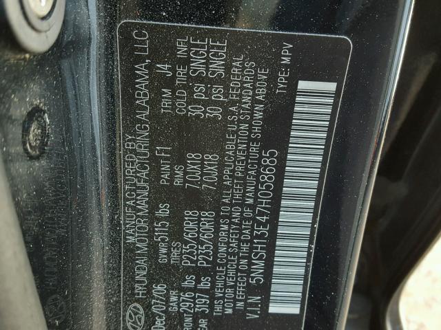 5NMSH13E47H058685 - 2007 HYUNDAI SANTA FE S BLACK photo 10