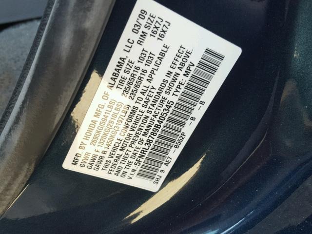 5FNRL38789B405345 - 2009 HONDA ODYSSEY EX BLUE photo 10