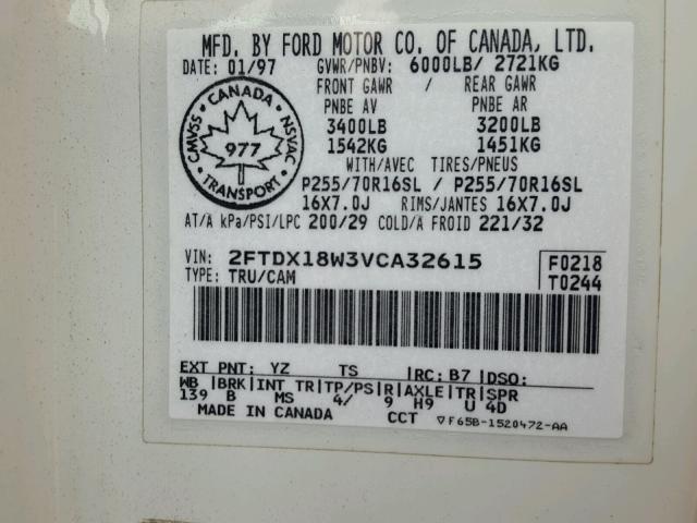 2FTDX18W3VCA32615 - 1997 FORD F150 WHITE photo 10