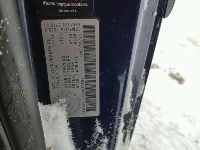 9BWBB21J624036699 - 2002 VOLKSWAGEN GOLF GL BLUE photo 10