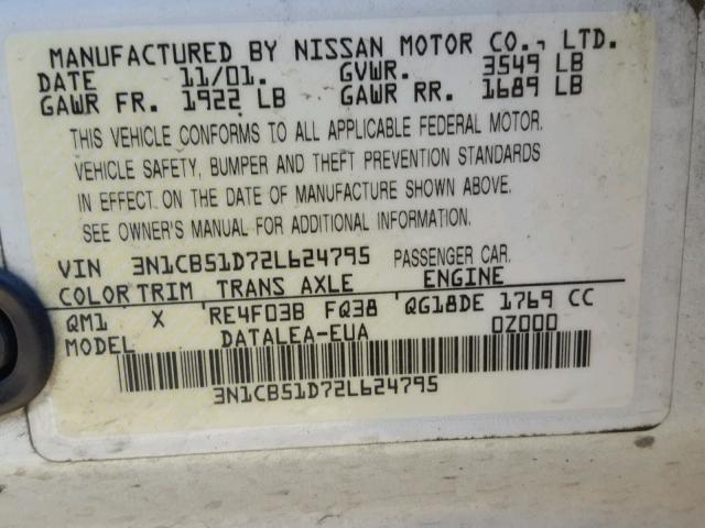 3N1CB51D72L624795 - 2002 NISSAN SENTRA XE WHITE photo 10