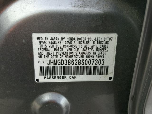 JHMGD38628S007303 - 2008 HONDA FIT SPORT GRAY photo 10