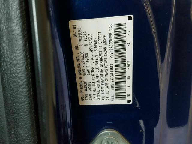 1HGCS12799A018562 - 2009 HONDA ACCORD EX BLUE photo 10