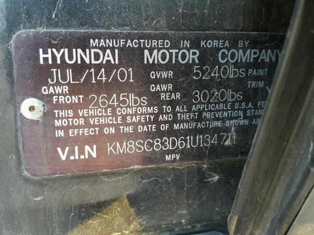 KM8SC83D61U134711 - 2001 HYUNDAI SANTA FE G GRAY photo 10