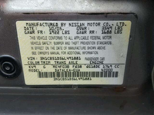 3N1CB51D56L491881 - 2006 NISSAN SENTRA 1.8 SILVER photo 10