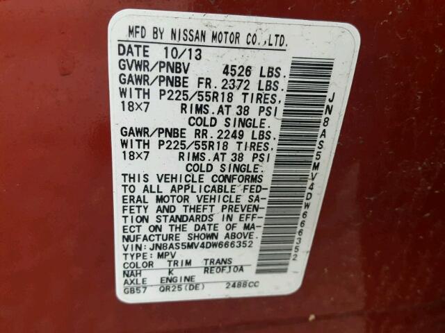 JN8AS5MV4DW666352 - 2013 NISSAN ROGUE S RED photo 10