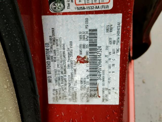 3FAFP07Z96R147524 - 2006 FORD FUSION SE RED photo 10