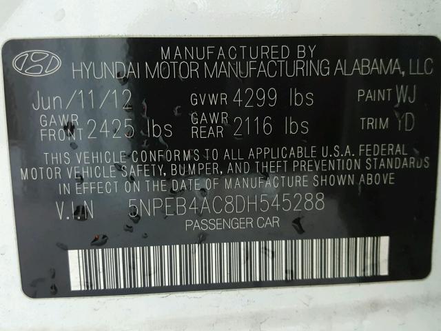 5NPEB4AC8DH545288 - 2013 HYUNDAI SONATA GLS WHITE photo 10