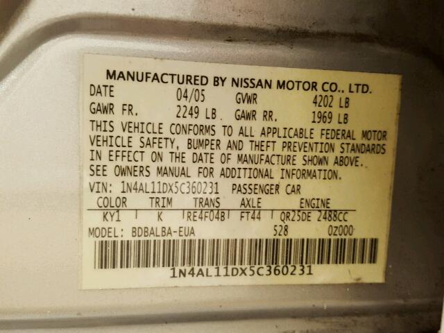 1N4AL11DX5C360231 - 2005 NISSAN ALTIMA S SILVER photo 10